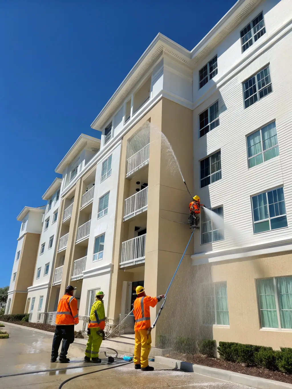 A time-lapse video showing a Big Rinse Energy team efficiently power washing a large commercial building, emphasizing their speed and professionalism.