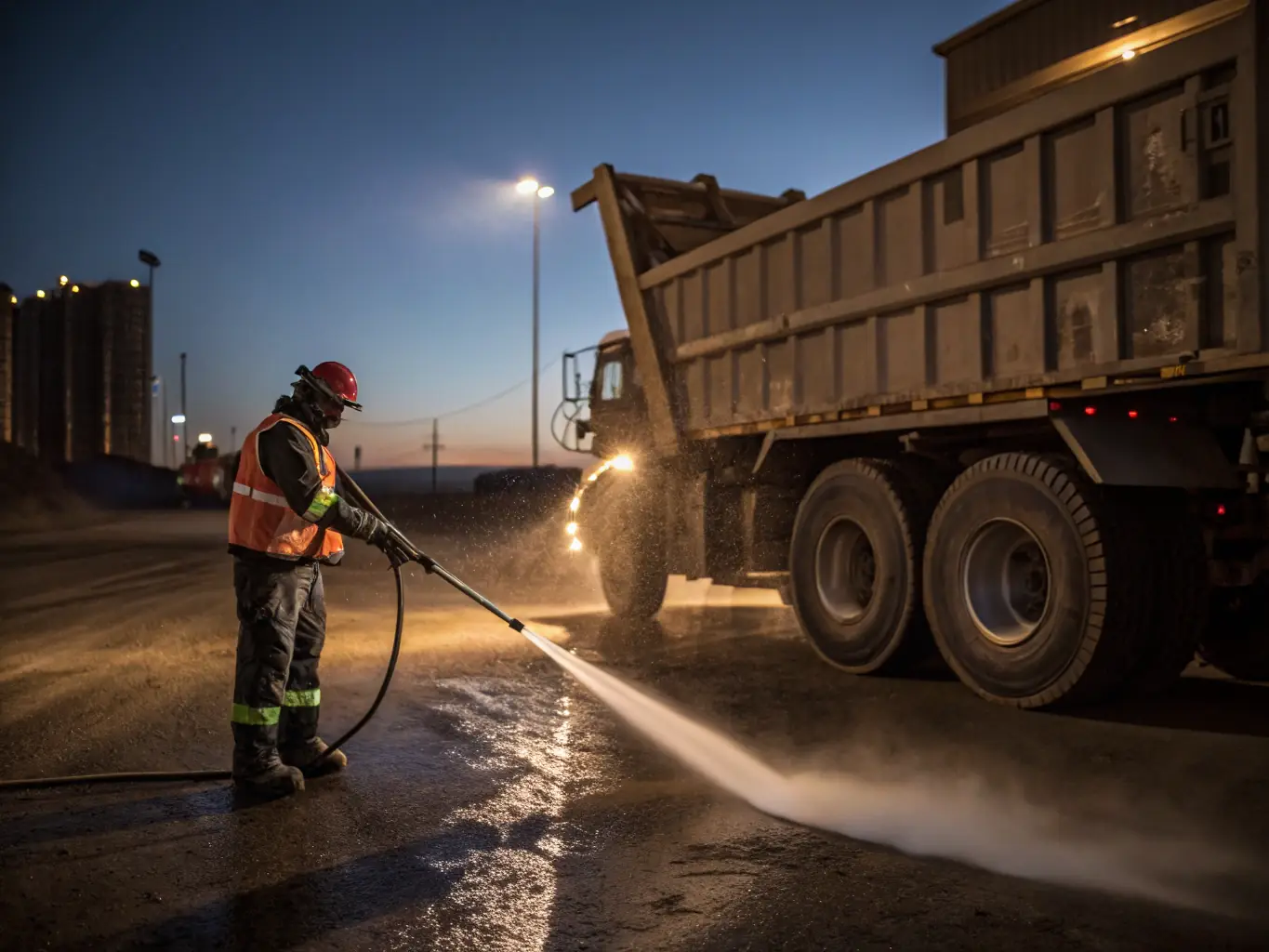 A fleet of trucks being power washed with high-pressure equipment, highlighting the effectiveness of fleet and equipment cleaning services.