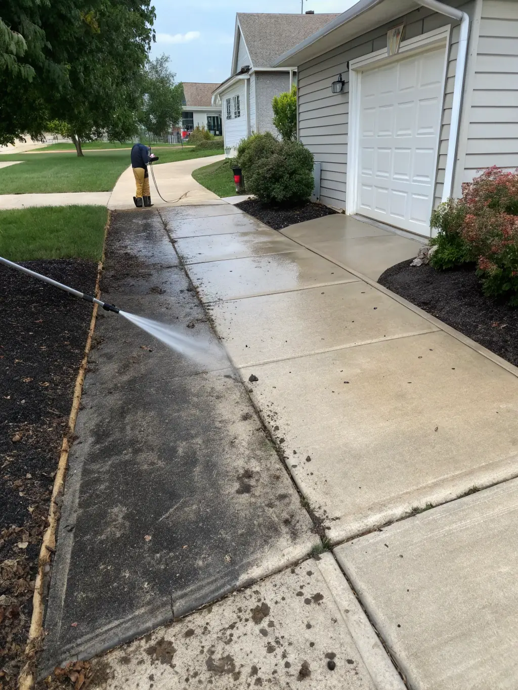 A residential driveway being power washed, showing the clear difference between the clean and dirty sections, emphasizing the effectiveness of Big Rinse Energy's residential services.