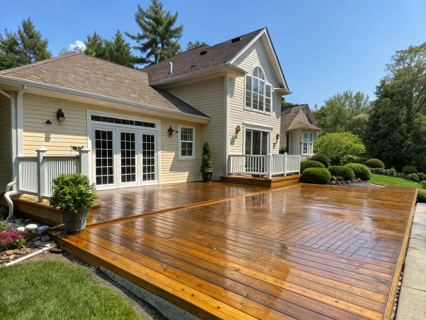 A clean, freshly washed house exterior with a bright driveway and vibrant deck, showcasing the results of residential power washing services.
