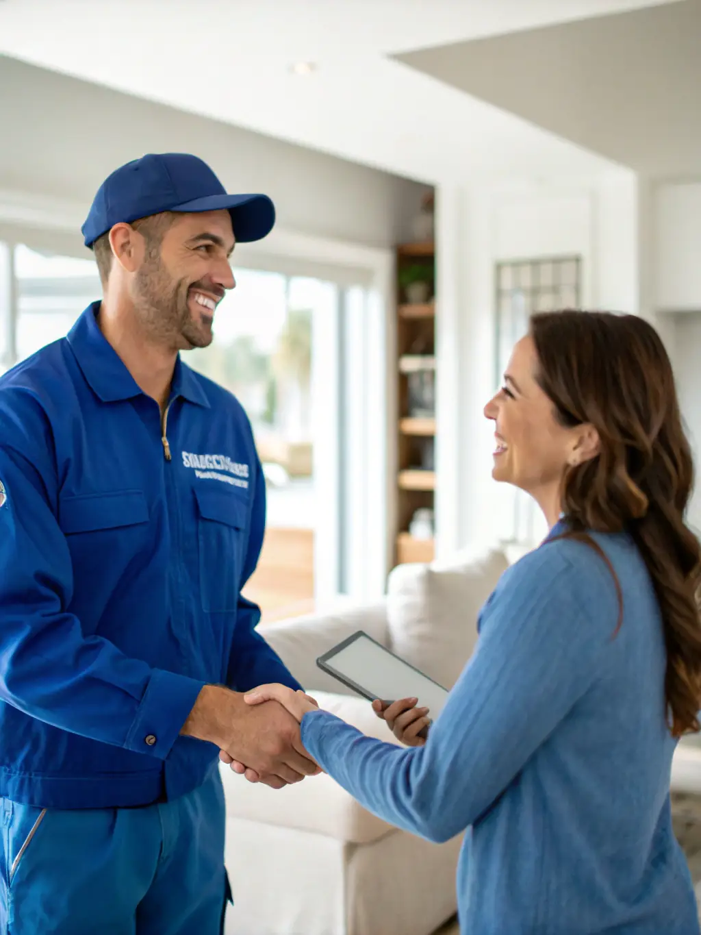 A smiling customer shaking hands with a Big Rinse Energy technician in front of a freshly cleaned home, highlighting the company's commitment to customer satisfaction.
