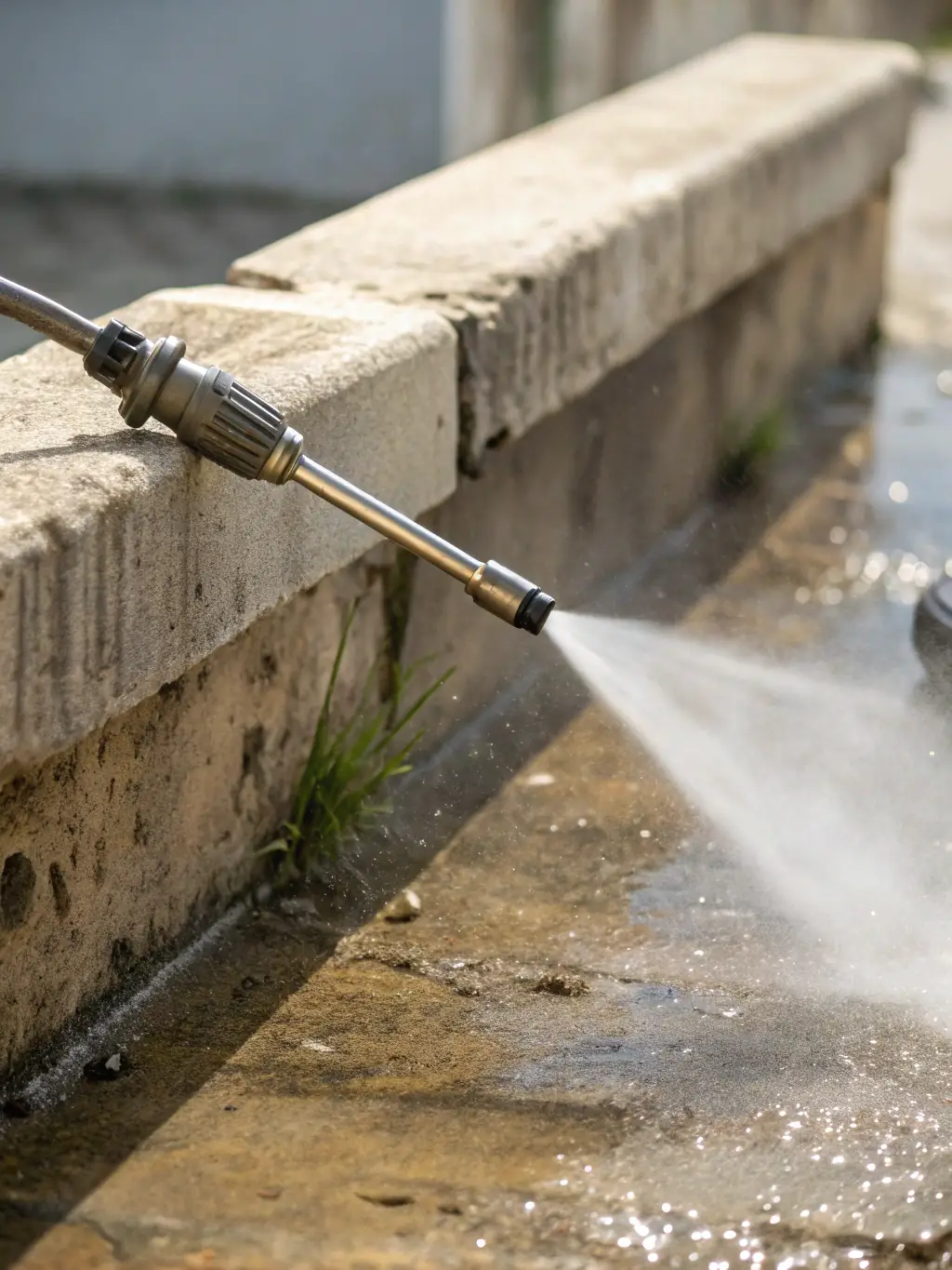 A close-up shot of a power washing nozzle expertly cleaning a heavily soiled concrete surface, showcasing the immediate and dramatic results achieved by Big Rinse Energy.