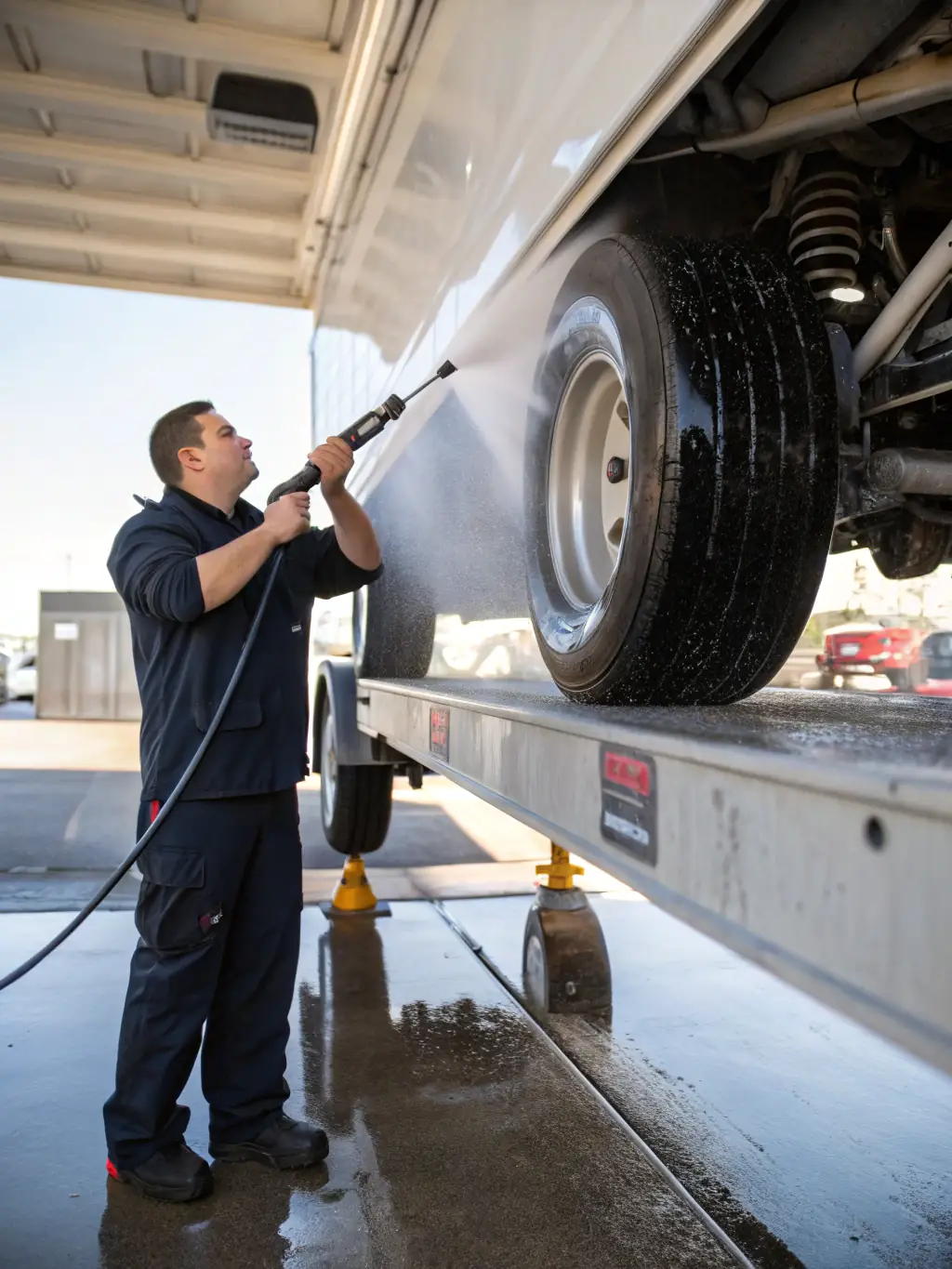 A fleet of vehicles being power washed, showcasing the removal of dirt and grime from trucks and vans, emphasizing Big Rinse Energy's fleet cleaning services.