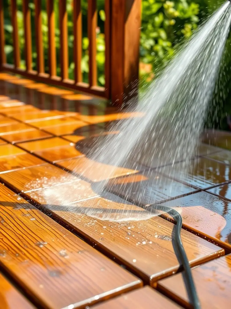 A wooden deck being power washed, with a focus on removing mold and mildew, highlighting Big Rinse Energy's deck cleaning services.
